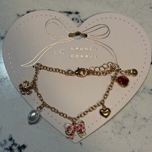NWT LC Lauren Conrad Gold-Tone Heart & Antique FlowerPrint Bow Charm Bracelet